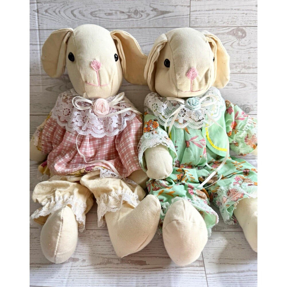 Vintage Bunny / Rabbit Plush Dolls with Cottage Removable Clothing Lot of 2